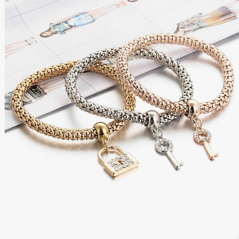 3 PC/SET Key Lock Stretch Bracelets - Picture 2 of 4